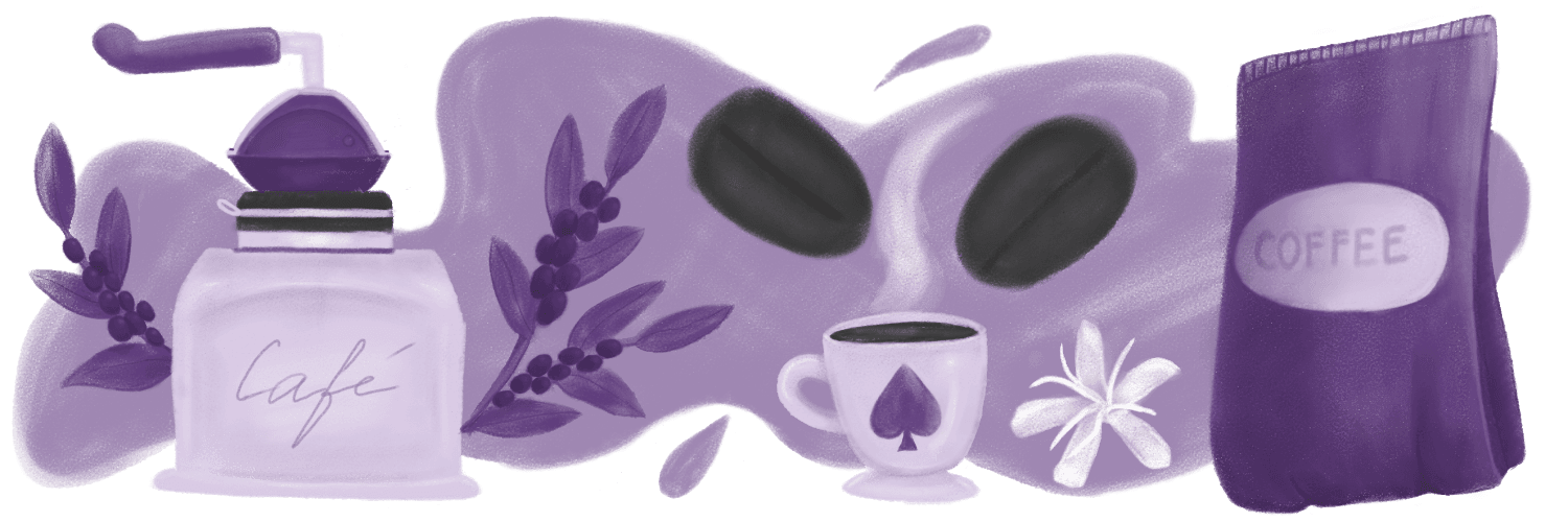 An illustration of coffee pack, a cup, coffee grinder and coffee plant