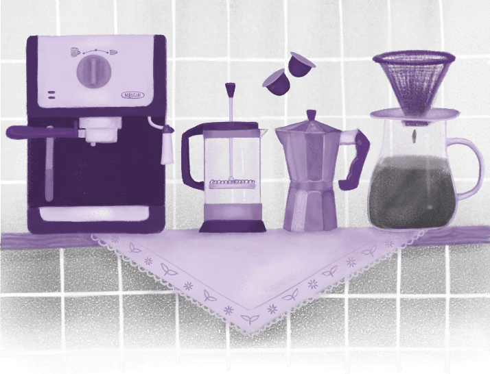 An illustrated shelf displaying an espresso machine, moka pot, French press, coffee capsules, and a pour-over coffee brewer